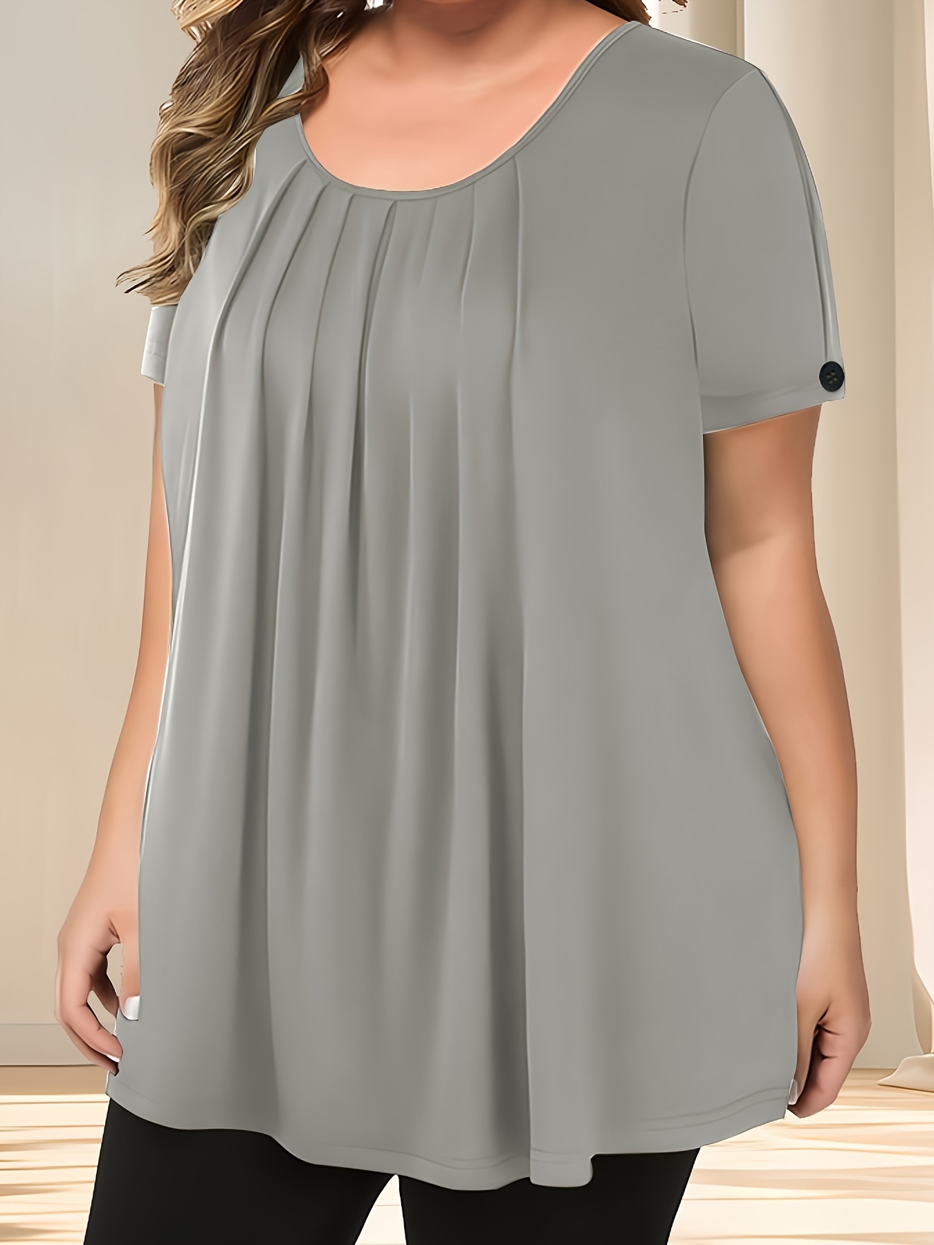 Women'S Casual Crew Neck Short Sleeve Blouse, Solid Color Plus Size, Lightweight Polyester with Subtle Stretch, Flared Hem, Spring/Summer Fashion Top, Casual Wear Blouse | Elegant Plus Size | Simple Eleganc