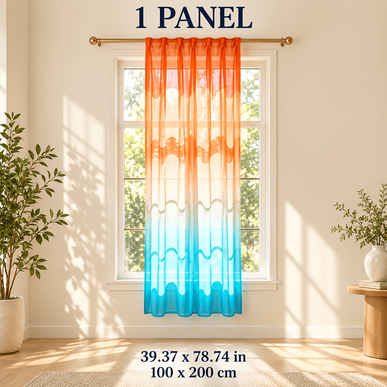 TEMU 1 Panel Orange And Blue Gradient Sheer Curtain, Home Decor