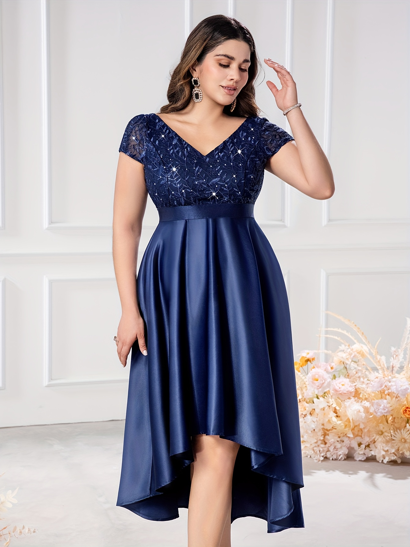 open lace back dress Plus Size Exquisite Square Neckline Tea length Wedding Guest Dresses w main image 1