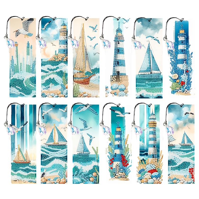 TEMU 12pcs Set Of Ocean-themed Diamond Painting Bookmarks, Featuring , Sailboats, Waves, And , Classic Nautical Elements, Ideal For Art Enthusiasts,