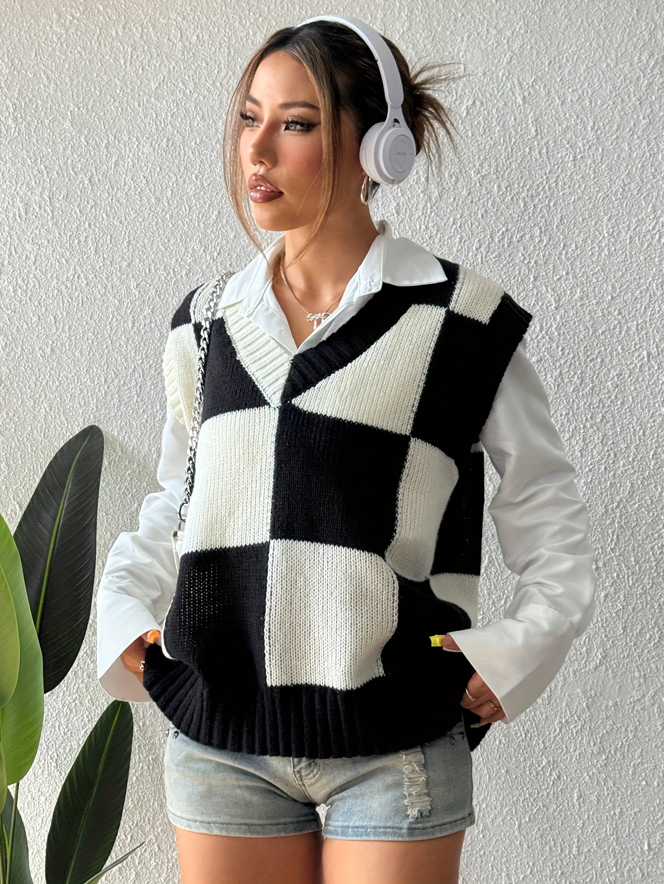 V Neck Black And White Checkered Vest Sweater Vest Women Casual V
