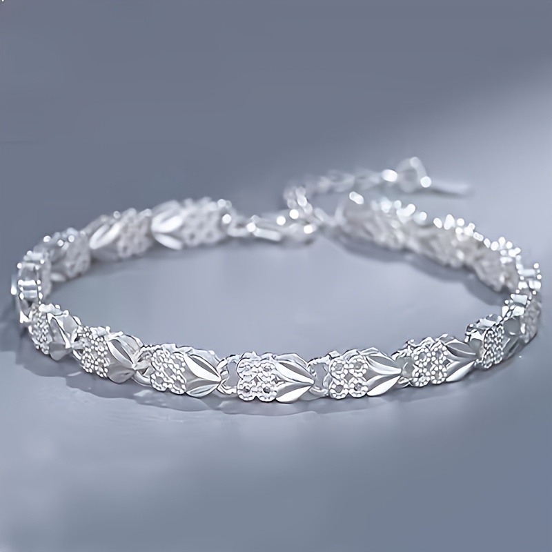 TEMU 925 Sterling Silver Bracelet With A Retro Design - Features A Bohemian Chic Style And Intricate Leaf Patterns, Comes With An Adjustable Clasp |