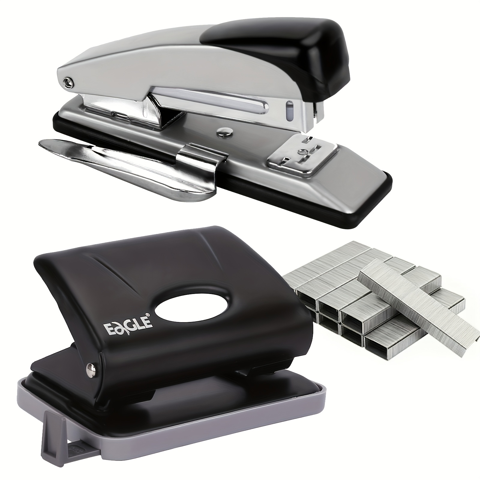 A Dual-hole Punch, A Stapler With , A Desktop Office Set, A Built-in For , A Non-slip Collection Tray At , A Stainless Steel Punch Head, An Ergonomic Lever Design, High Capacity, No Paper
