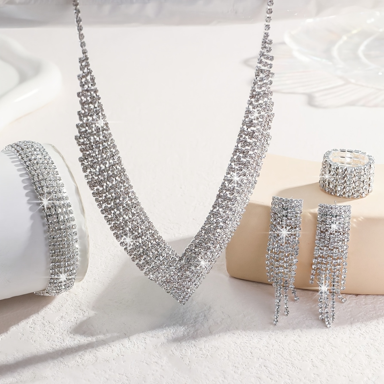 Image of 4pcs Bridal Jewelry Set Featuring Sparkling Rhinestones, Tassel Earrings, Elegant Necklace, Bracelet, And Ring, Weddings, Banquets, And Parties