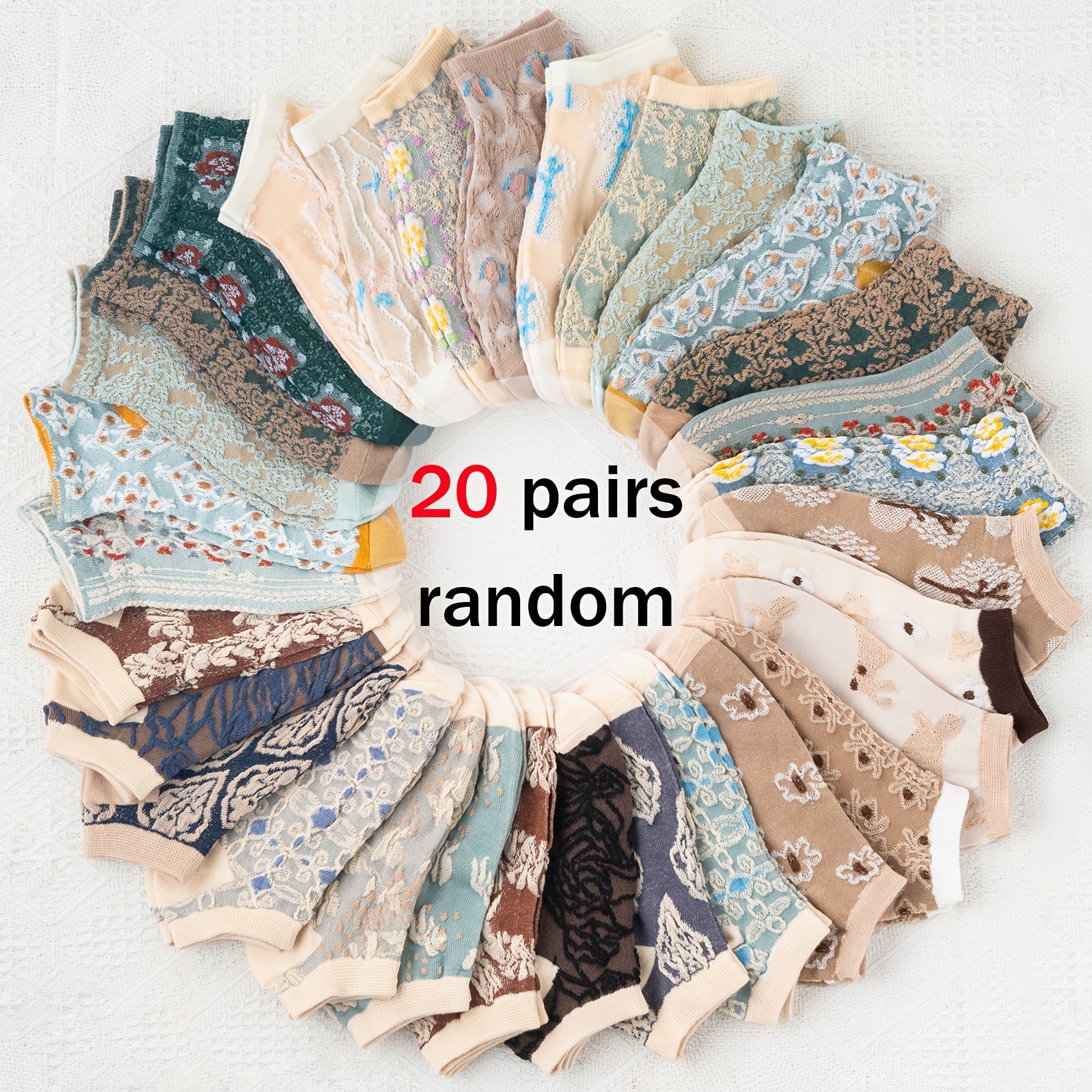 TEMU Random 20 Pairs Women's Short Socks, Pastoral Style Floral Pattern Fashion Versatile Thin Spring/summer Style Women's Shallow Mouth Socks, Small