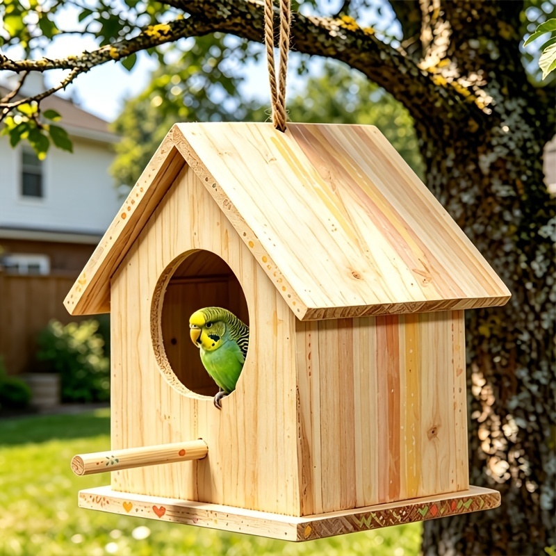 TEMU Natural Wood Painted Birdhouse, Unpainted Plain Base For Free Doodle And Coloring, Complete With Perch, Supports Outdoor Hanging. Placement In