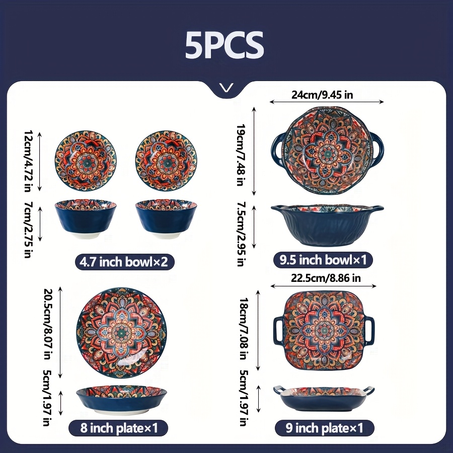 Image of Bohemian Style Ceramic Tableware - , Salad Bowl/steak Plate/soup Bowl With Double Handles, Suitable For Home Kitchens, Dining Hotels, Microwave And Oven Safe