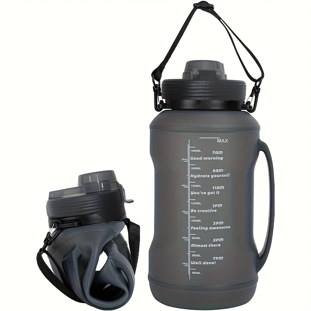 2l Collapsible Water Bottle - Foldable Silicone Travel Water Bottle With Motivational Times To Drink - With Straw