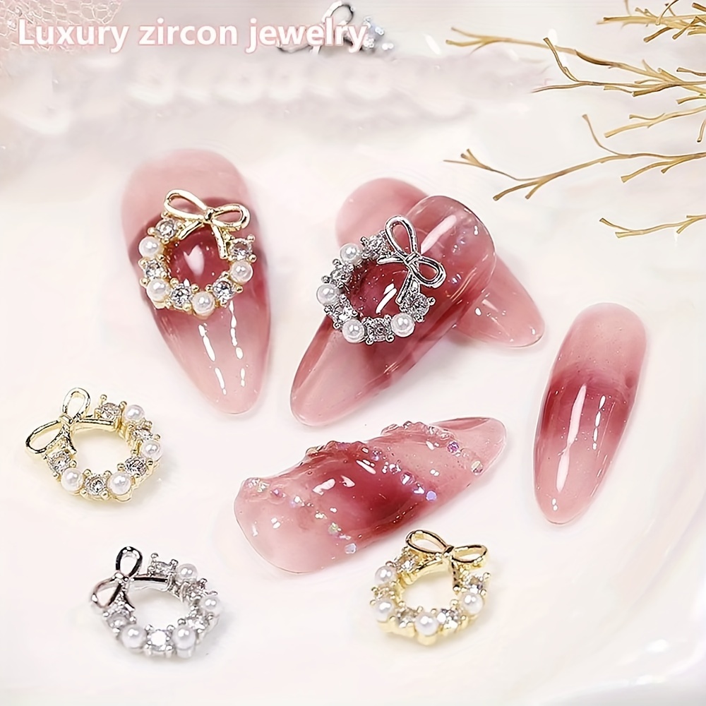 

10pcs 3d Zirconia Butterfly Bow Pearl Nail Art Charms, Luxury Christmas Wreath Crystal Nail Jewelry Decoration Kit For New Year - Unscented