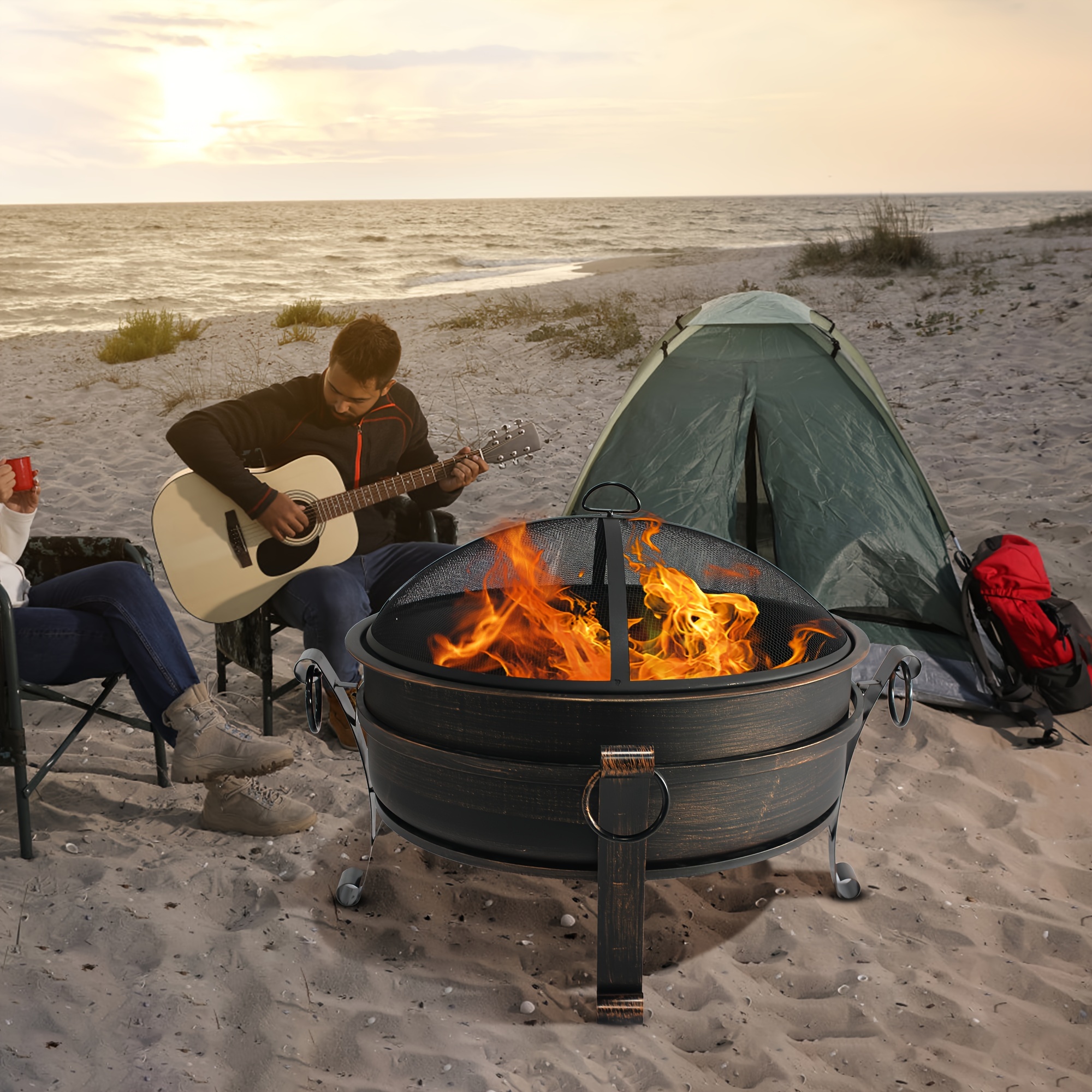 Fire Pit, 36'' 3-in-1 Heavy Duty Fire Pit with Grill, Lid, and Round Table  Wood Burning Fireplace, BBQ, and Outdoor Table with Fire Poker, Log Grate