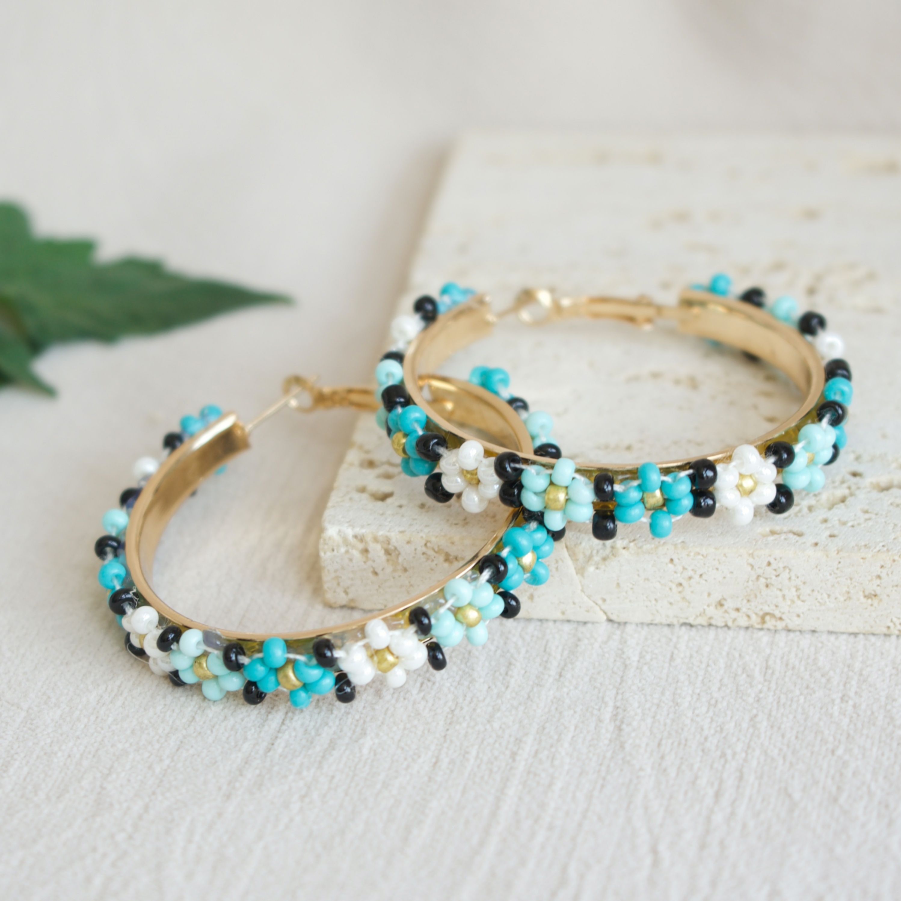 Boho Beaded Hoop Earrings Set, Handwoven Flower Ear Needle