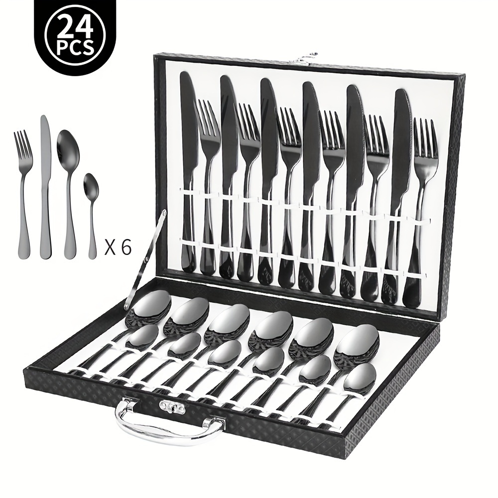 

24pcs Cutlery Set With Wooden Box Gift Set - Stainless Steel Flatware Set For 6 People, Dishwasher Safe, Spoons And Forks Set - Ideal For Gifting, Weddings, Parties, Restaurants, Hotels