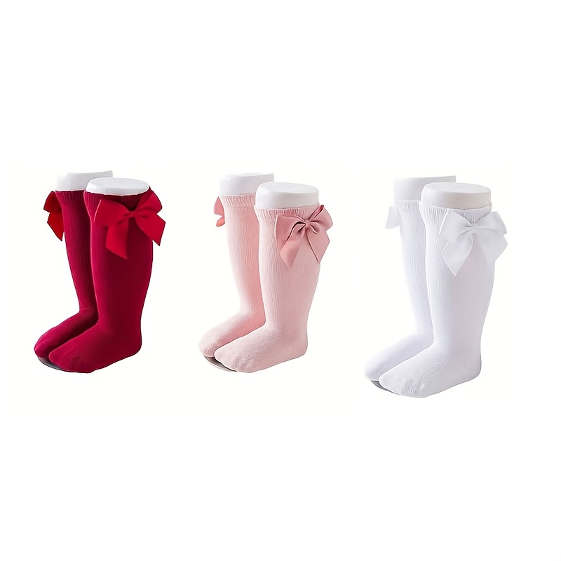 TEMU 3-pack Girls' Flat Bow Mid-calf Socks, Comfortable And Soft Baby Mid-calf Socks, Holiday Dress Matching Socks
