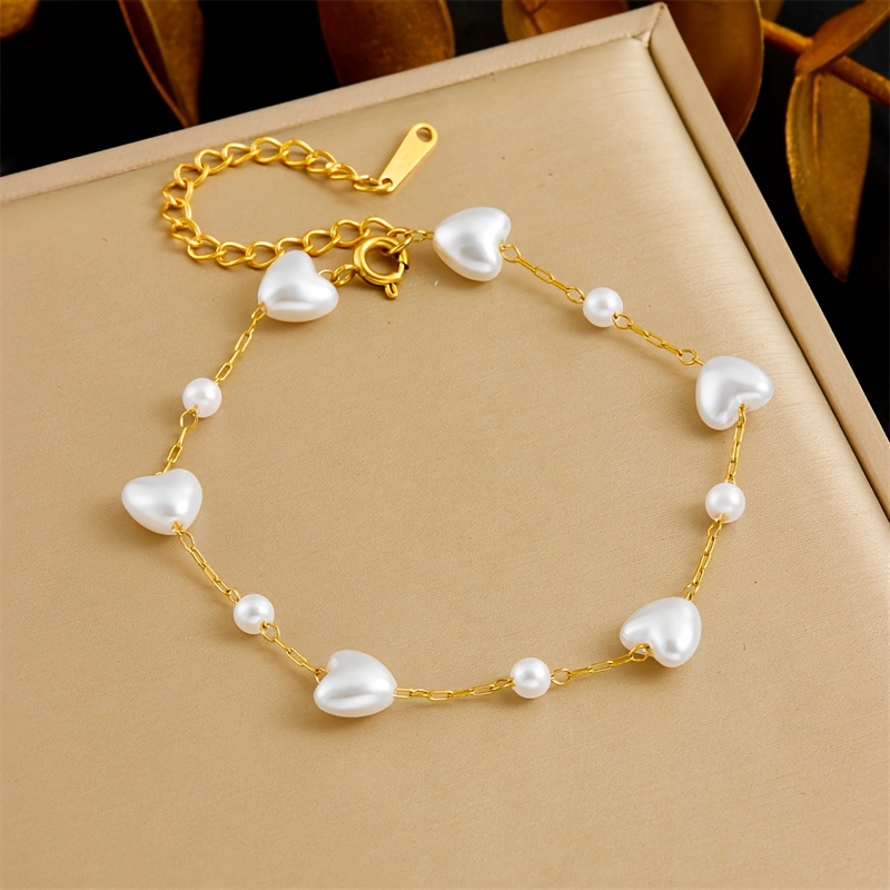 TEMU Pulsera Elegante de Acero Inoxidable en Tono Dorado con Perla Artificial de - Joyería Francés Chic y Lujosa para Casual o Fiestas, Pulsera