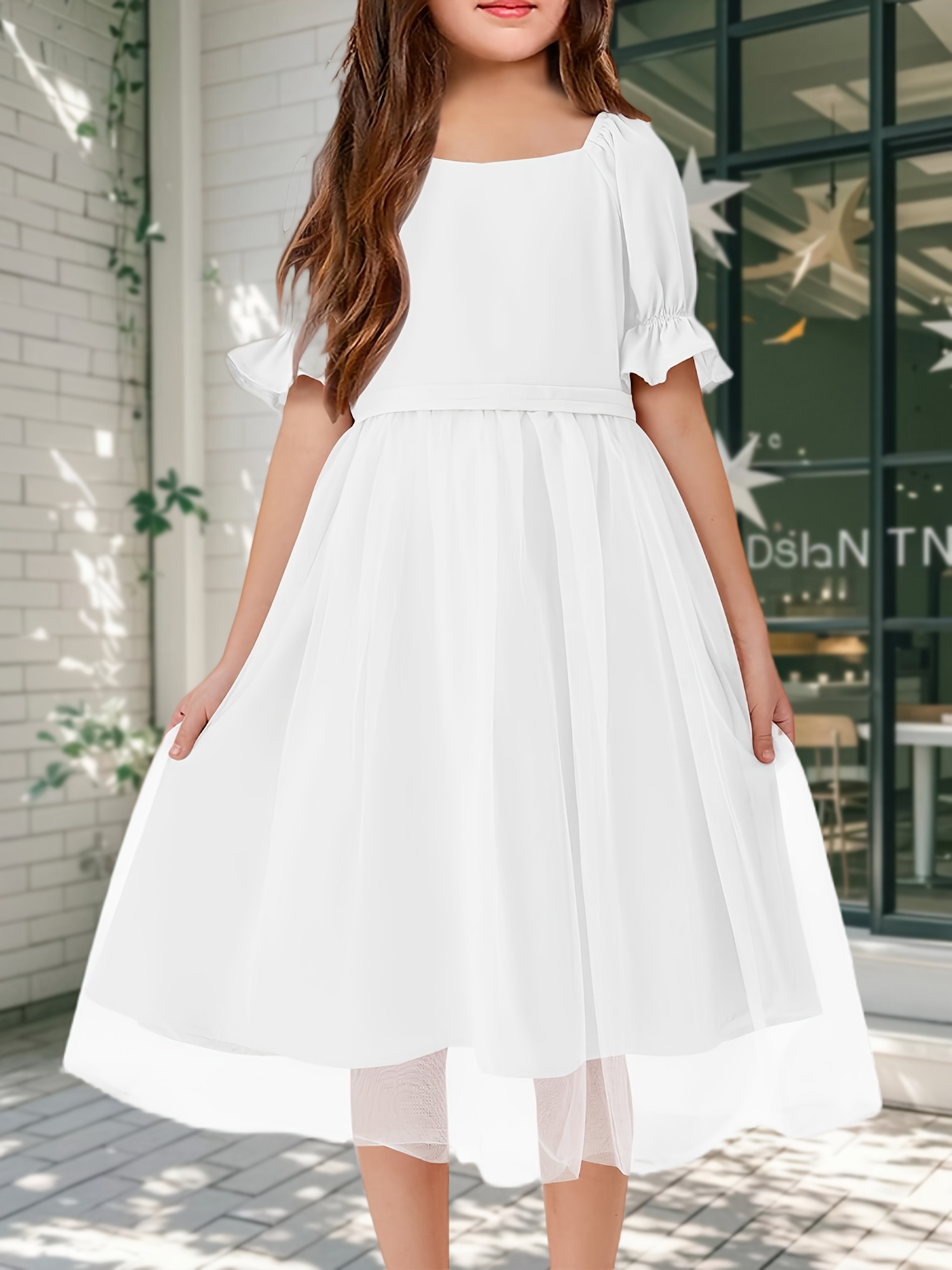 girls puff sleeve tulle dress summer square neck - Temu