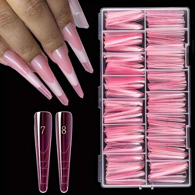 

150pcs Pink Ballet Long Nail Mold, Transparent , Quick Building Gel Nail Extension Top Making Nails Reused With 15 Sizes Of Nail Tools