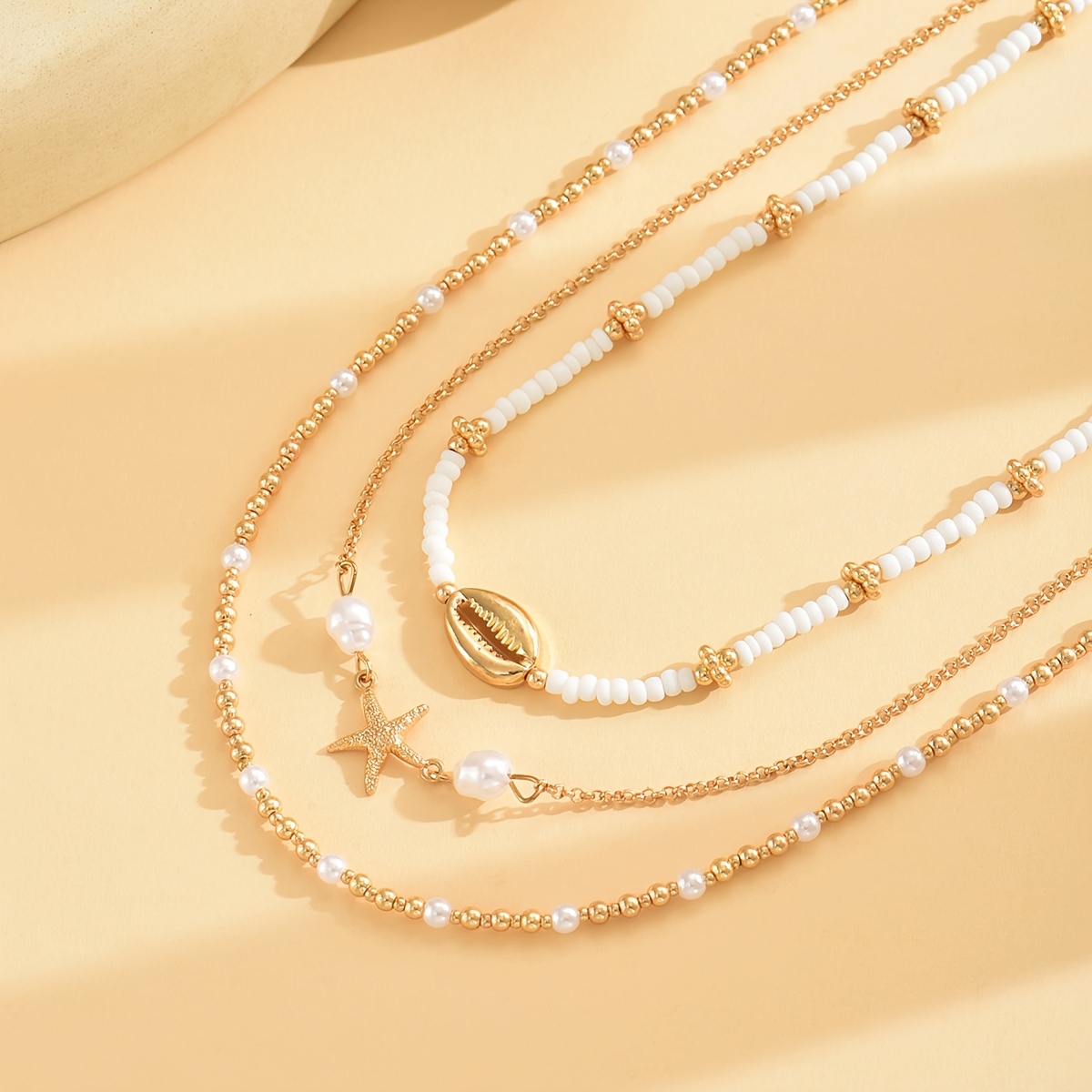 3pcs Women's Choker Necklace Set, Shell & Starfish Pendants