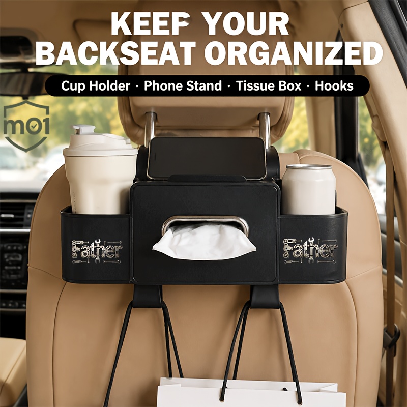 TEMU 1pc 4in 1 Car Seat Back Organizer Steampunk Father Pattern Print With Tissue Box & Dual Side Storage Pockets Headrest Hanging Rear Seat Storage