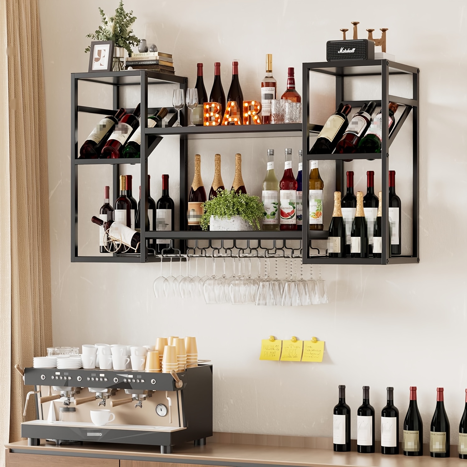 Image of 3-tier Wall Mounted Shelf With Glass Holder, 2-in-1 Modern Bottle Rack Display Shelf, Multifunctional Storage Rack, Suitable For Dining Room, Kitchen, Living Room, Black