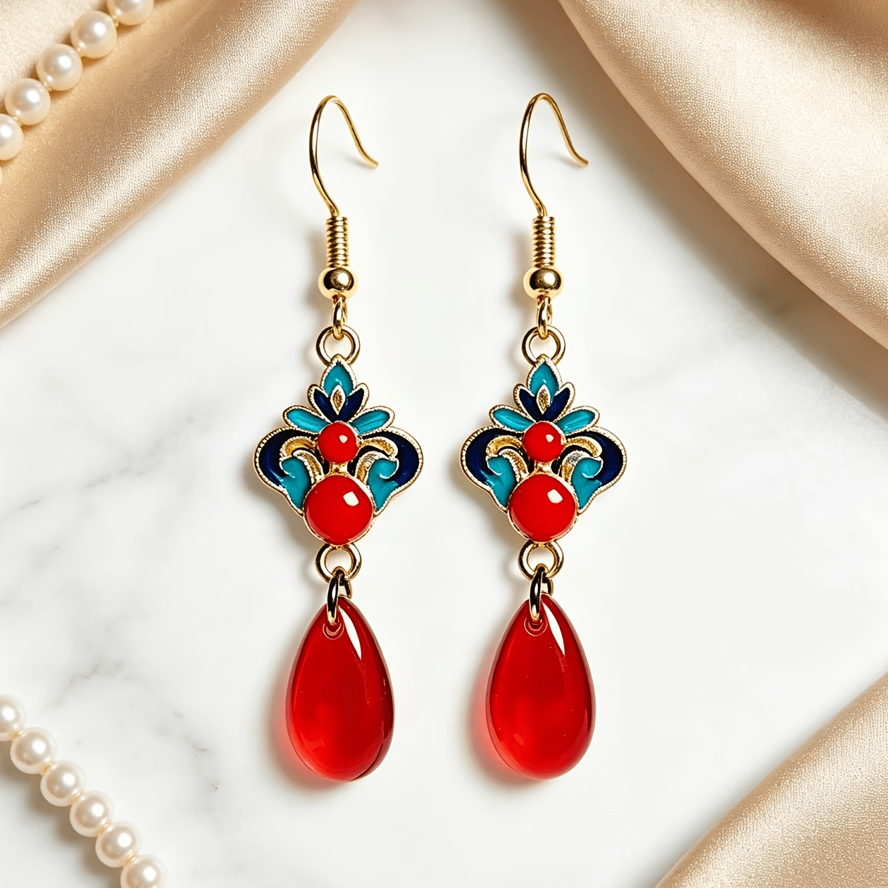 TEMU A Pair Of Vintage Bohemian-style Red And Blue Enamel Drip-paint Earrings, Ethnic-inspired Geometric Floral Long Pendant Earrings, A Gift For A