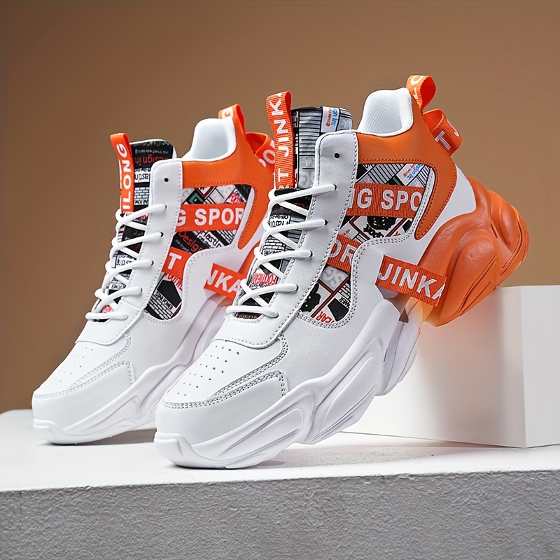 Zapatillas casuales de caña alta para hombre con patrón aleatorio, ajuste universal, cierre de cordones, uso para todas las estaciones, punta redonda, suela de PVC, plantilla de tela y parte superior de imitación.