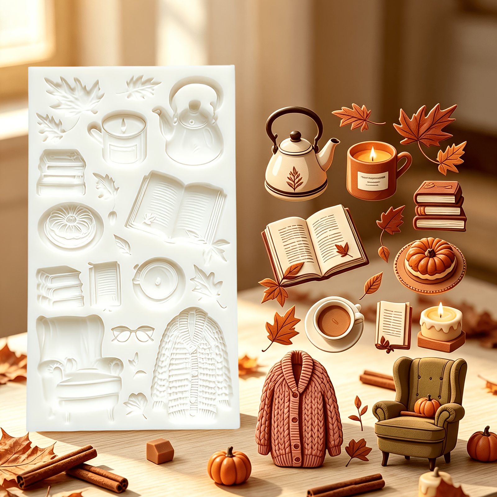 TEMU 1 Sweater Tea Pot Maple Leaf Book Coffee Cup Sand Glasses Silicone Molds, Autumn Home Decor Themed Chocolate Fondant Molds, Chewing Gum Pudding