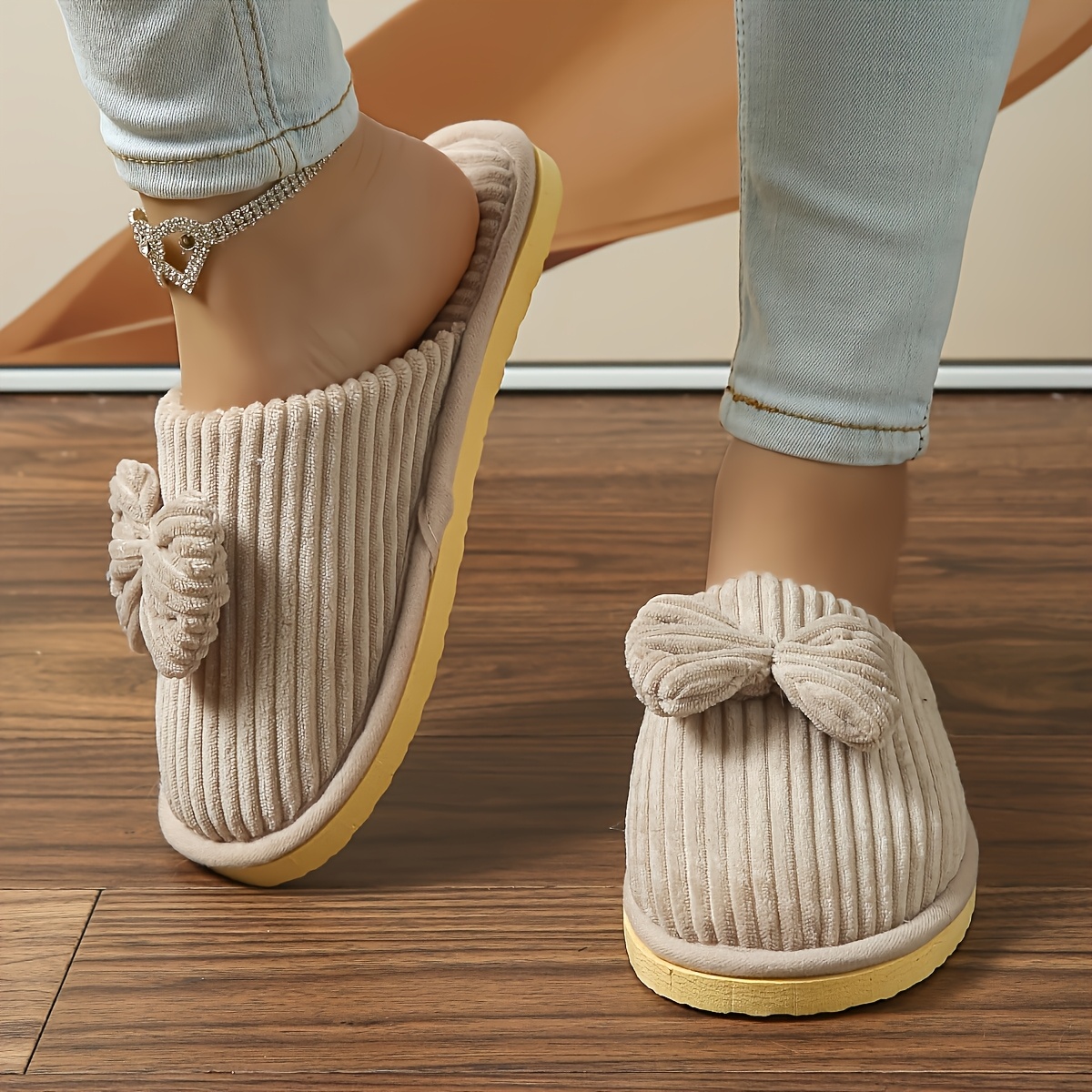 Image of Fashionable New Striped Bow Indoor Slippers, Slip-on Comfortable Silent Couple Slippers, Women Shoes