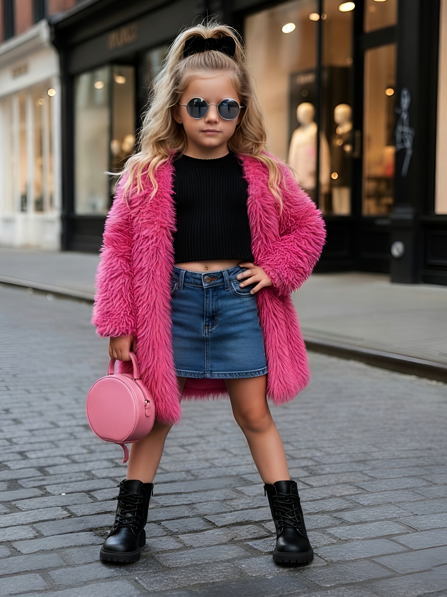girls pink faux fur long coat fall winter trendy cool warm overcoat fashionable versatile outing outfit
