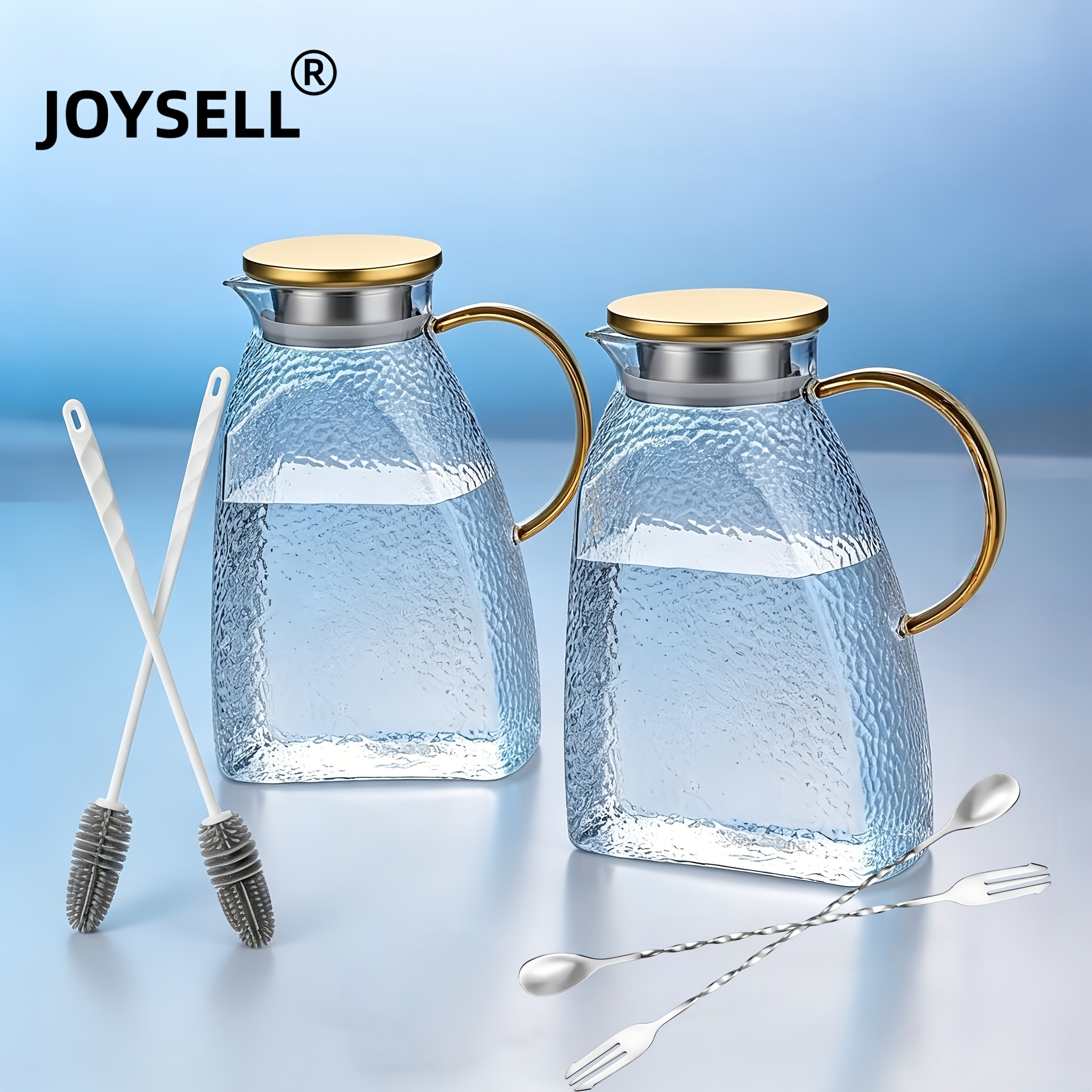 TEMU Joyell 2pcs Square Glass Kettle With 2 Brushes And 2 Spoons, Iced Tea And Iced Coffee Maker, Mason Beverage Can, Summer Beverage Utensil,
