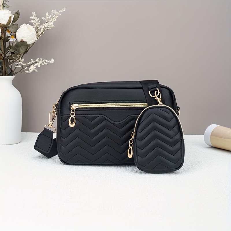 Casual Minimalist Shoulder Square Bag, With Mini Hanging Purse, Quilted Pattern Crossbody Bag For Women
