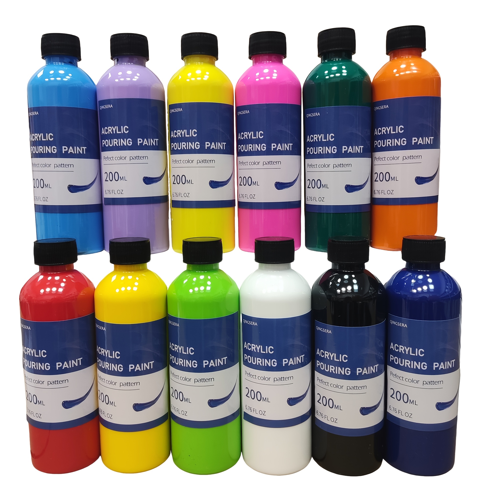 Image of Set Of Acrylic Pouring Paint For Adults With 12 Colors (6.8 Oz/200 Ml Each), Pre-mixed - , Bright Paints Suitable For Surfaces Like Canvases, Wood, Rocks, And Plaster