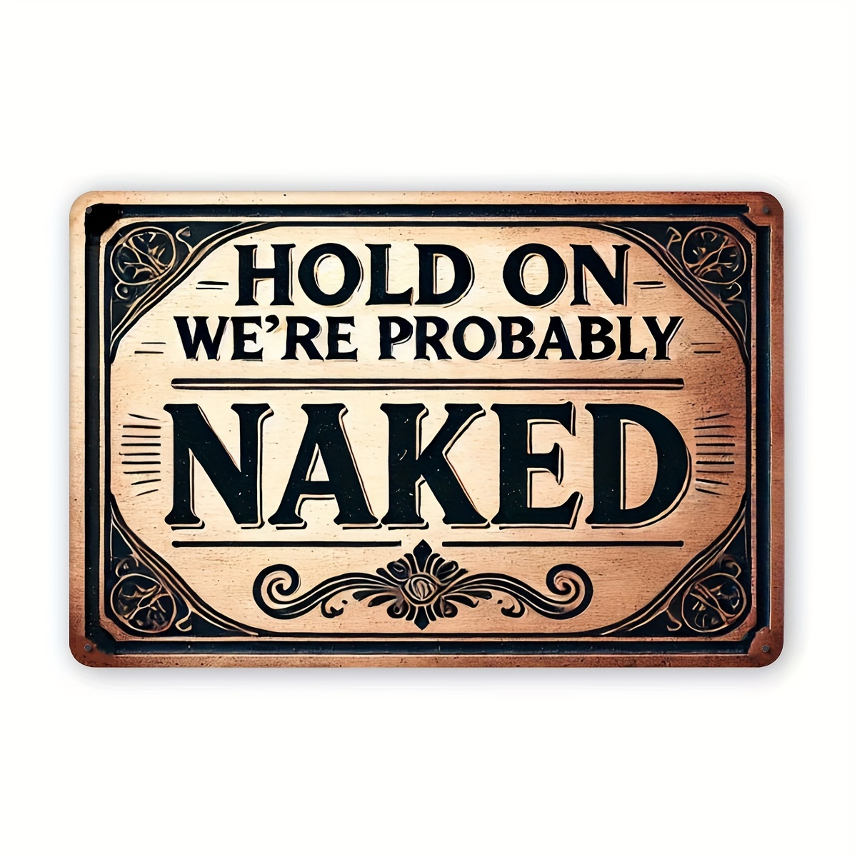 

hold On We're Probably Naked" Vintage Metal Warning Sign - 8x12 Inch | Perfect For Home, Bar, Restaurant Decor | Fun Tin Wall Art