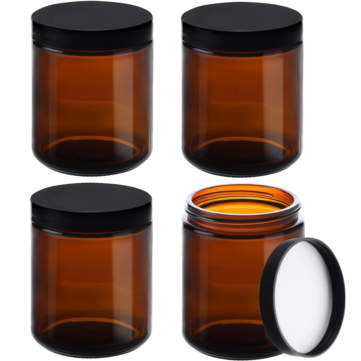4pcs Set Of 240ml/8oz Round Amber Glass Jars With Black Screw Plastic Lids, Reusable Leak-proof Containers For Storing Cosmetics, Lotions, Creams, Essential Oils, And Ointments