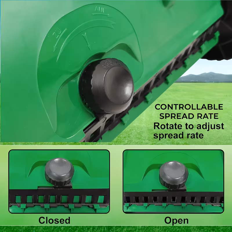 lawn and garden spreader 12l impact resistant plastic housing adjustable distribution rate lawn spreader for grass seed lawn feed fertiliser spreader large wheels 111cm x 57cm x 19cm details 2