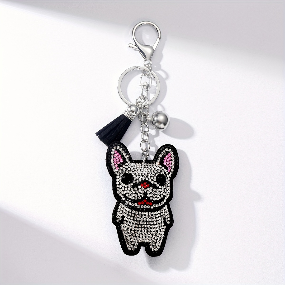 

1pc Sparkling Cartoon French Bulldog Alloy Keychain With Rhinestones, Tassel Charm, Ladies Key Ring With Lobster Clasp For Decoration, Ideal For Thanksgiving Day Gifts