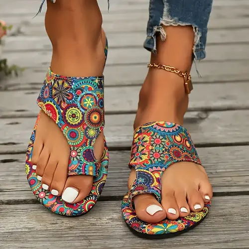 womens bohemian floral pattern slippers sandals casual ring toe flat summer shoes lightweight slippers