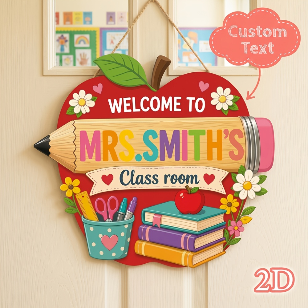 TEMU [2d Flat] 1pc Personalized Custom -shaped Classroom Door Sign, Teacher Name Printed Cartoon Stationery Wooden Tag, Customizable Teacher Name And