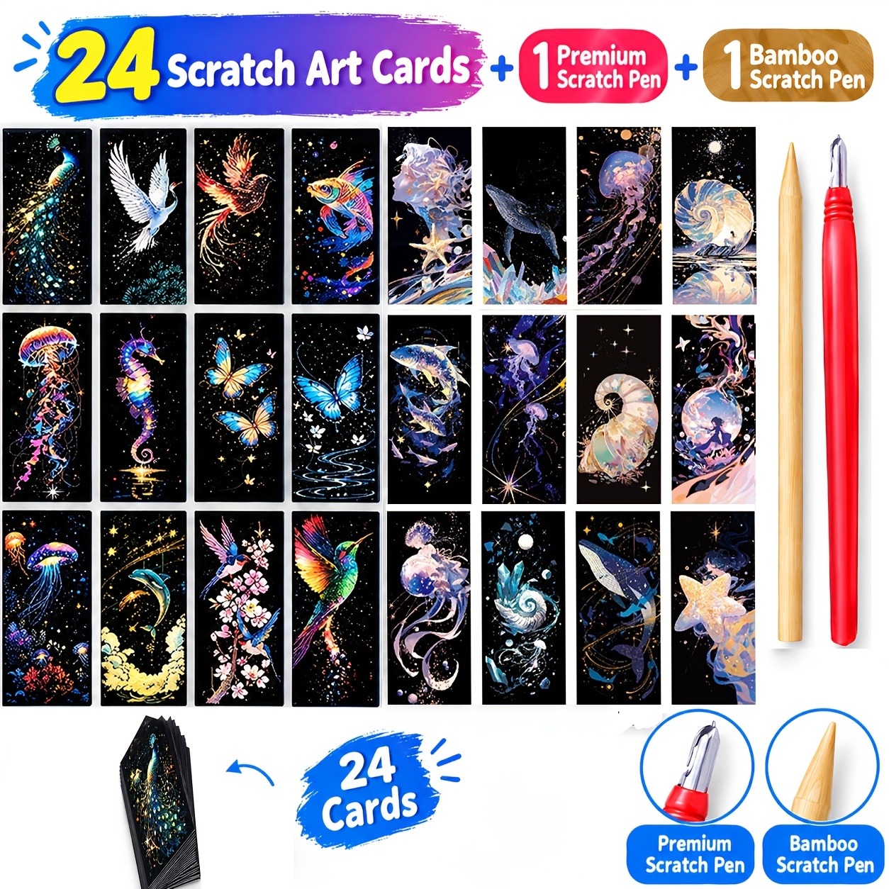 TEMU Ensemble de 26 pièces (24 cartes Bise de l'océan, 1 stylo gommable et 1 stylo gommable en bambou) Kit de marque-pages créatifs à gratter, Doodle