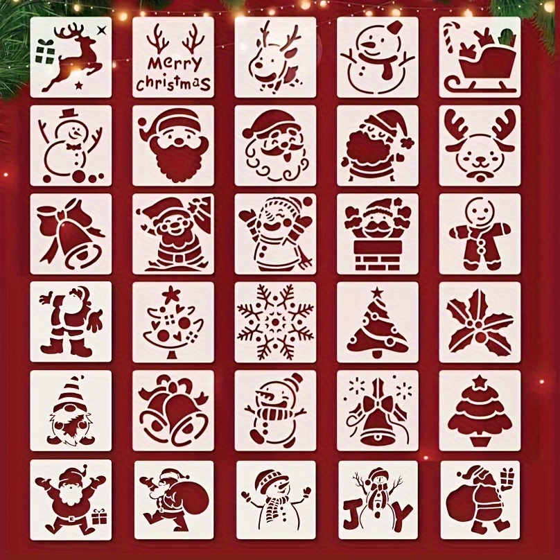 Image of 30pcs Christmas Drawing Stencils Set, White Pet Plastic, Reusable Diy Crafts, Snowflake, Reindeer, Santa Claus, For Window Decor, Card Painting, Wooden Wall Art
