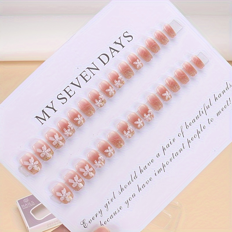 30pcs short square press on nails floral glitter design white pink glossy   nails for hands feet   reusable nail art stickers nail accessories beauty enhancement chic   decorative pressons Product details 4