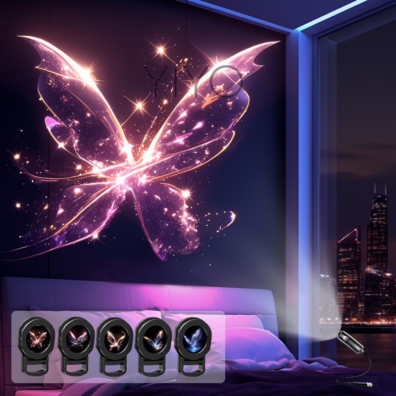 TEMU Lampe de projection LED YIYOLICO USB - pour murs/plafond/table, lumière papillon en cristal avec faisceau, ambiance décorative pour chambre,