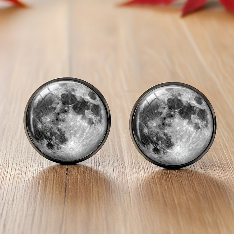 1 Pair Handmade Black Earrings - Round Glass Cabochon Studs With Design, Elegant Everyday Jewelry For Women, Birthday/christmas Gift Idea, , No Battery Needed, Perfect For Daily Wear Or Gift