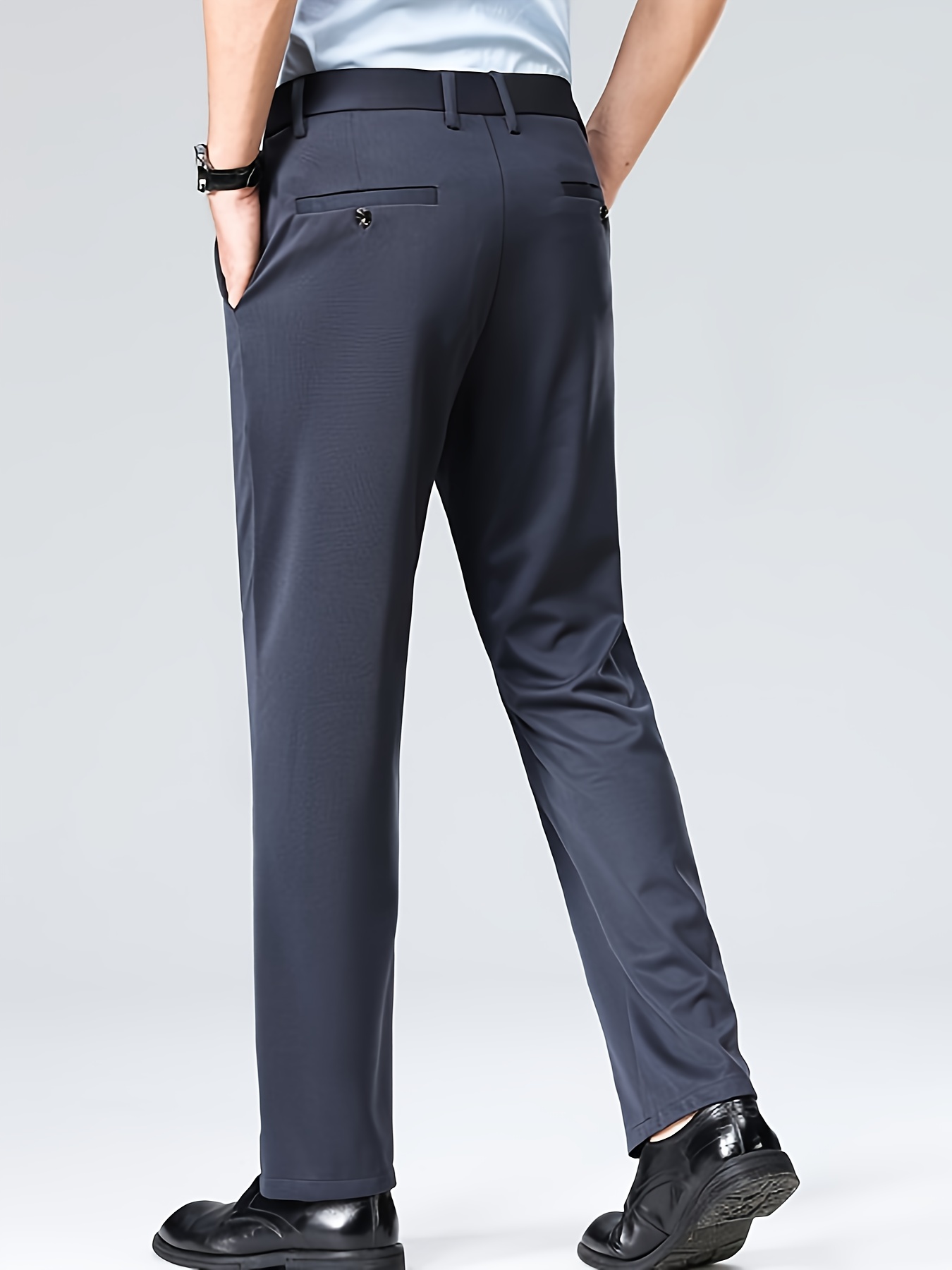 Men'S Relaxed Fit, Navy Blue Dress Pants - Stretchy Spandex Blend, Button-Fly, Mid-Rise, All-Season Workwear, Office Attire|Relaxed Fit Pants|Stylish Waistband