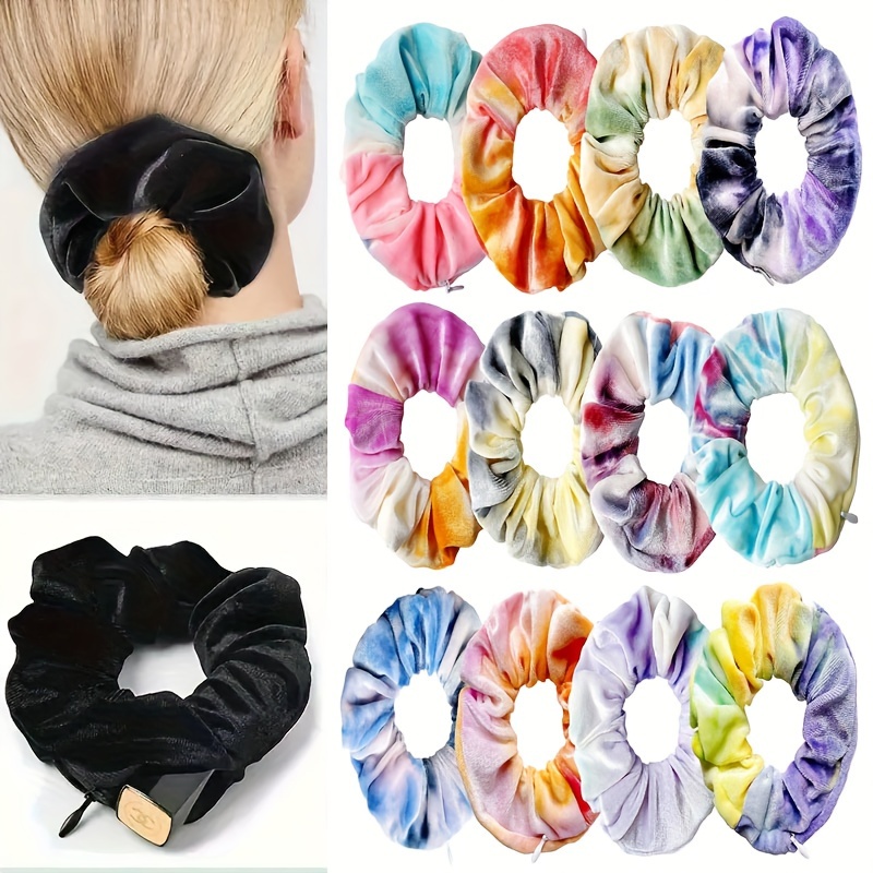 

2pcs Tie-dye Velvet Scrunchies With Zipper - Fashionable Hair Accessories For Women & Girls, Storing Coins, Lipstick, Keys | Ideal Christmas & Valentine's Gift