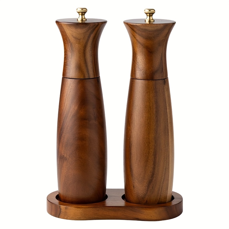 Image of Household Manual Solid Wood Pepper Grinder Western Steak Seasoning Pepper Grinder Bottle 8 Inch 2-pack With Base Acacia Wood Sea Salt Pepper Mill Grinder