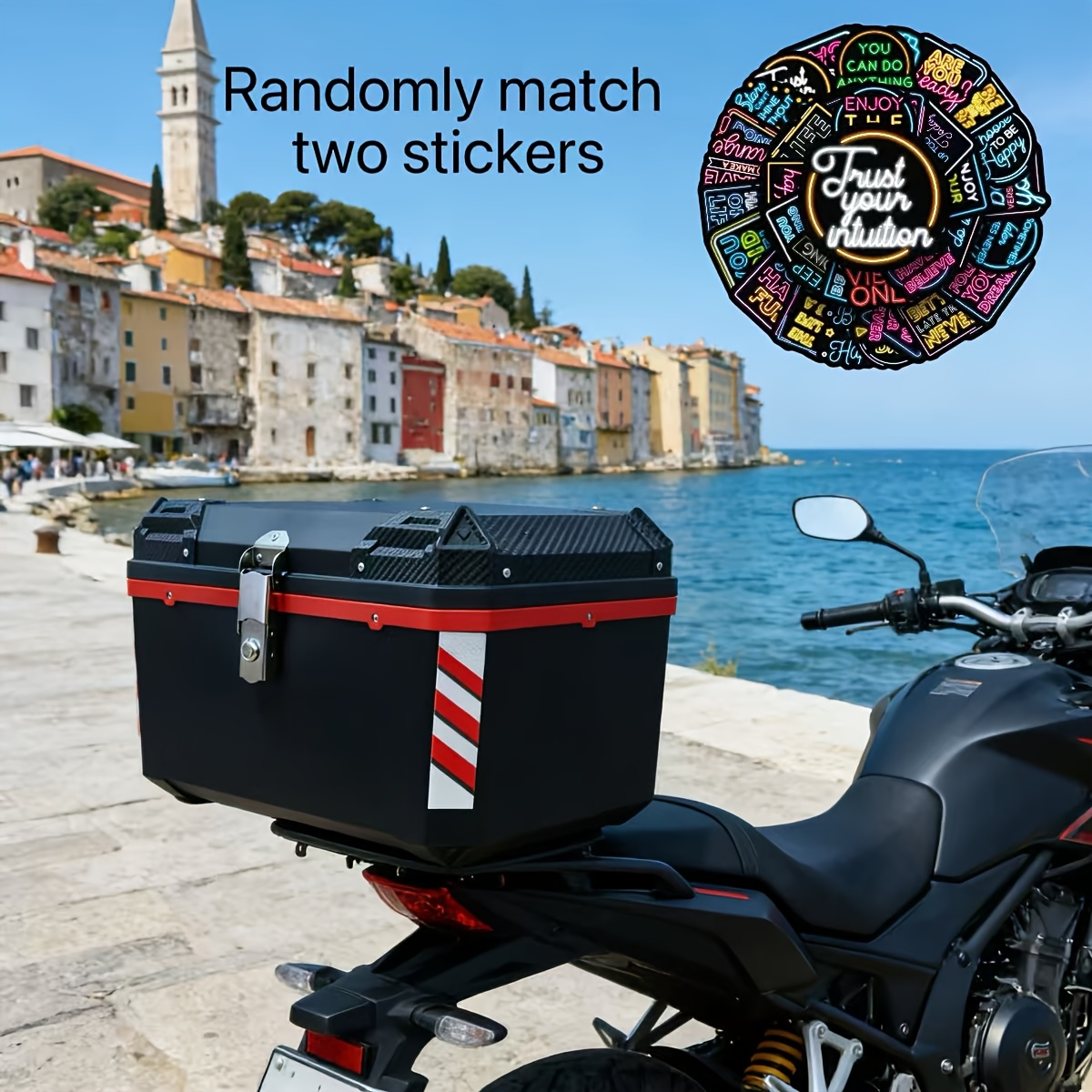 TEMU Boîte à bagages arrière de moto 72L Noir Matériau PP épaissi Coffre supérieur durable avec doublure de plaque inférieure antichoc, Outils