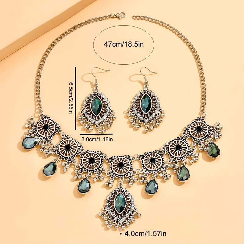 vintage exquisite flower pattern synthetic gems inlaid dangle earrings necklace luxury ethnic style silver plated jewelry jewelry set gifts for women gifts for eid details 9