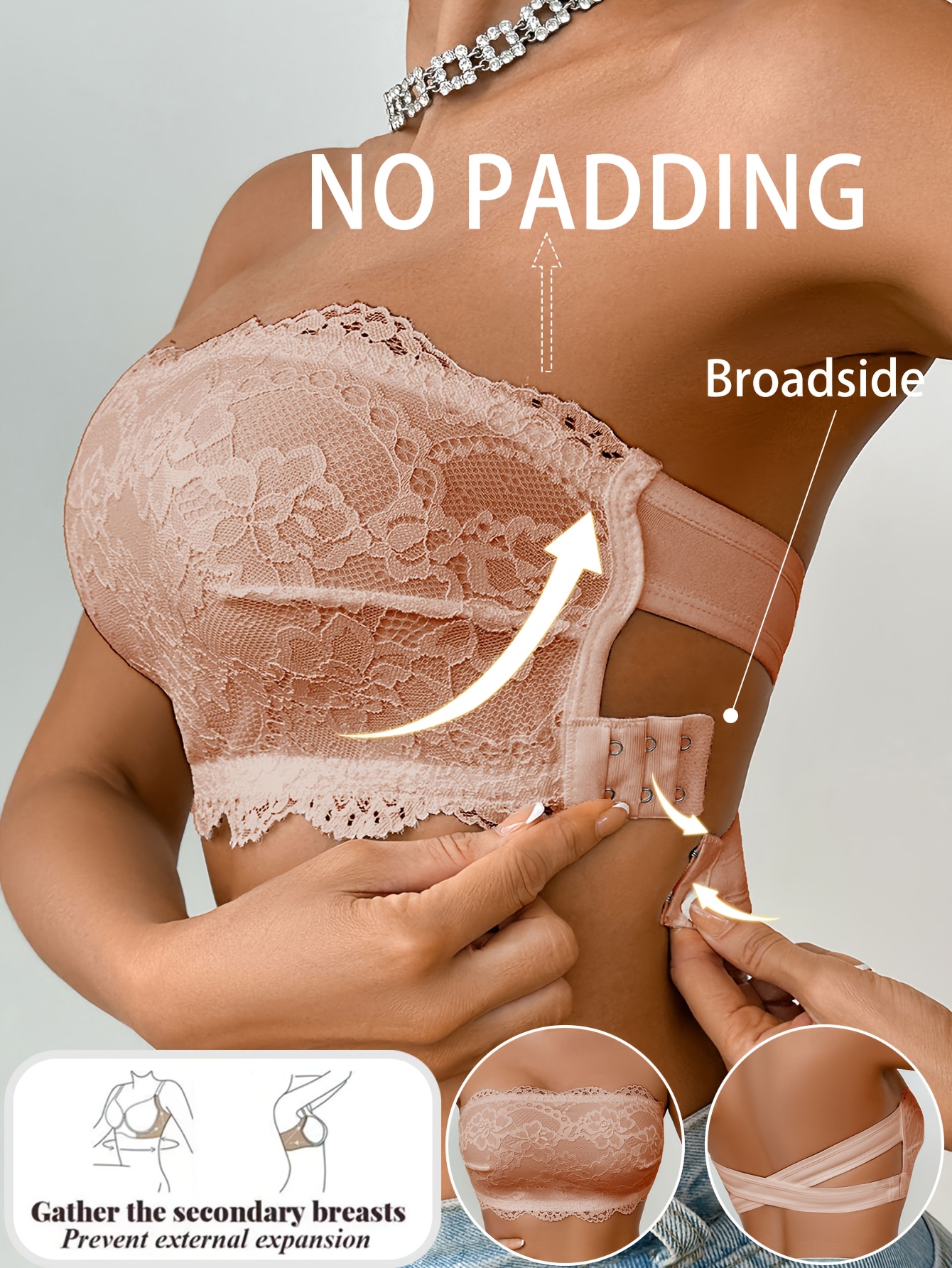 Women s Lace-trimmed Wireless No Padding Bra, Elegant Solid Color Daily Bandeau Bra