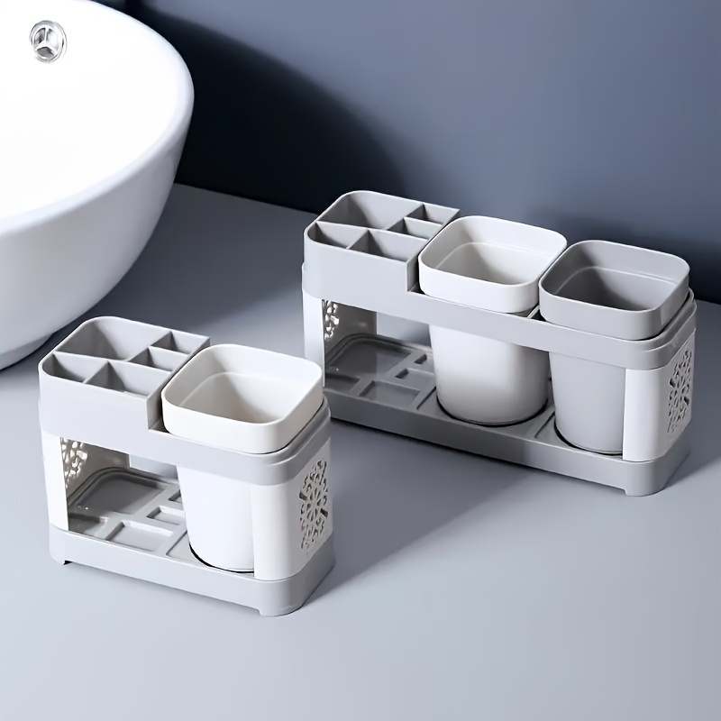 

Plastic Toothbrush And Toothpaste Holder Set With Drainage - Smooth Bathroom Organizer With Rinse Cups, No Power Needed, Floor Mount Design