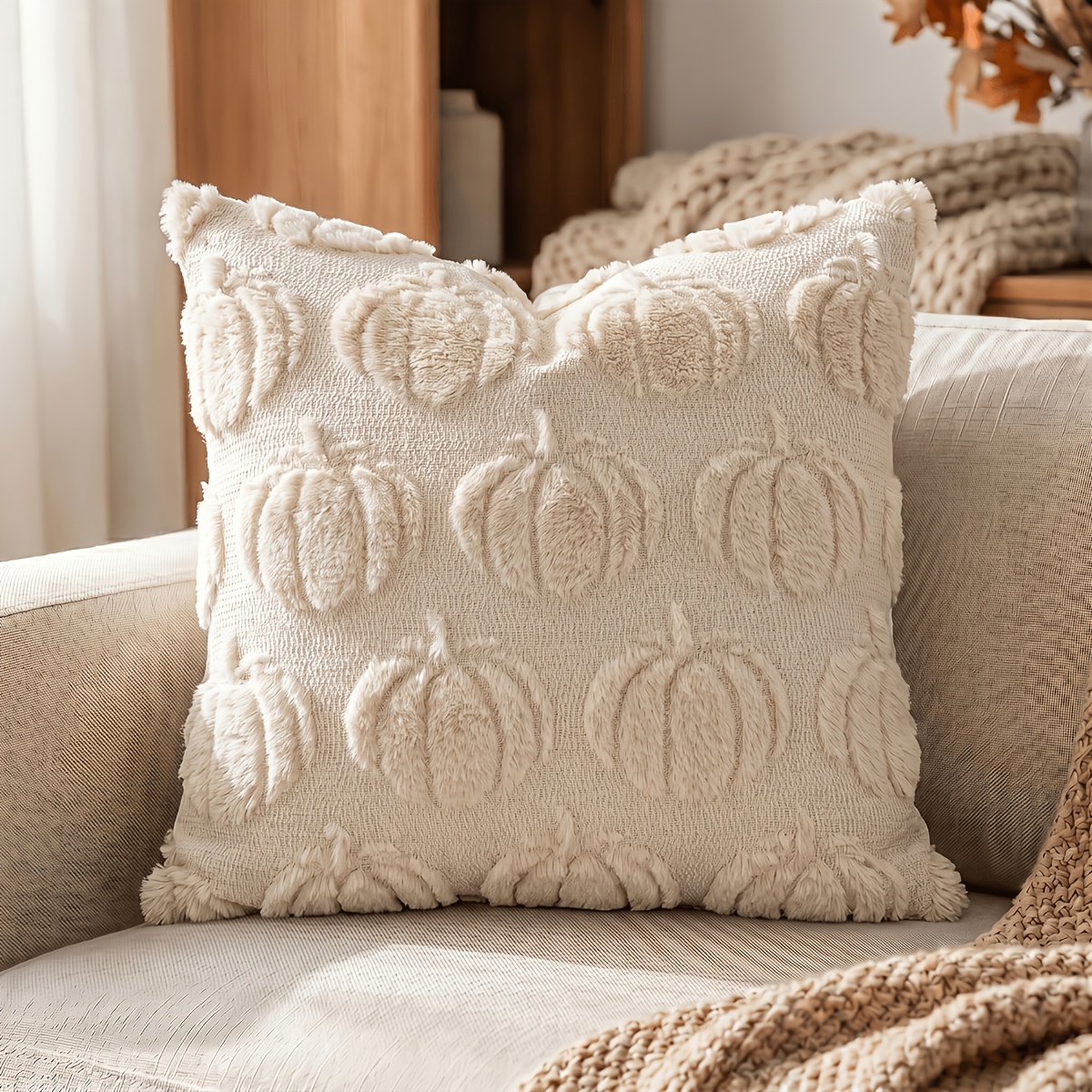 TEMU 1pc Jhua Fall 3d Jacquard Pumpkin Throw Pillow Cover - Burnt Orange Textured Plush Cushion Case Suitable For Farmhouse Boho Vintage Decor,
